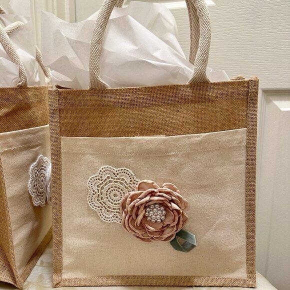BUNDLE (2) Burlap Bags With A Satin Rose, Barn Wedding Flower Girl Wedding (NEW) - Picture 6 of 13